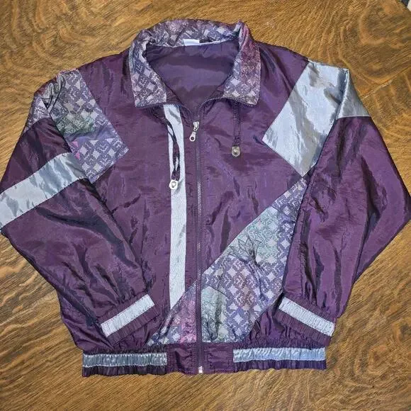 Vintage 80s 90s Energy Zone Windbreaker Jacket Purple Silver Floral Geometric XL - Picture 1 of 6